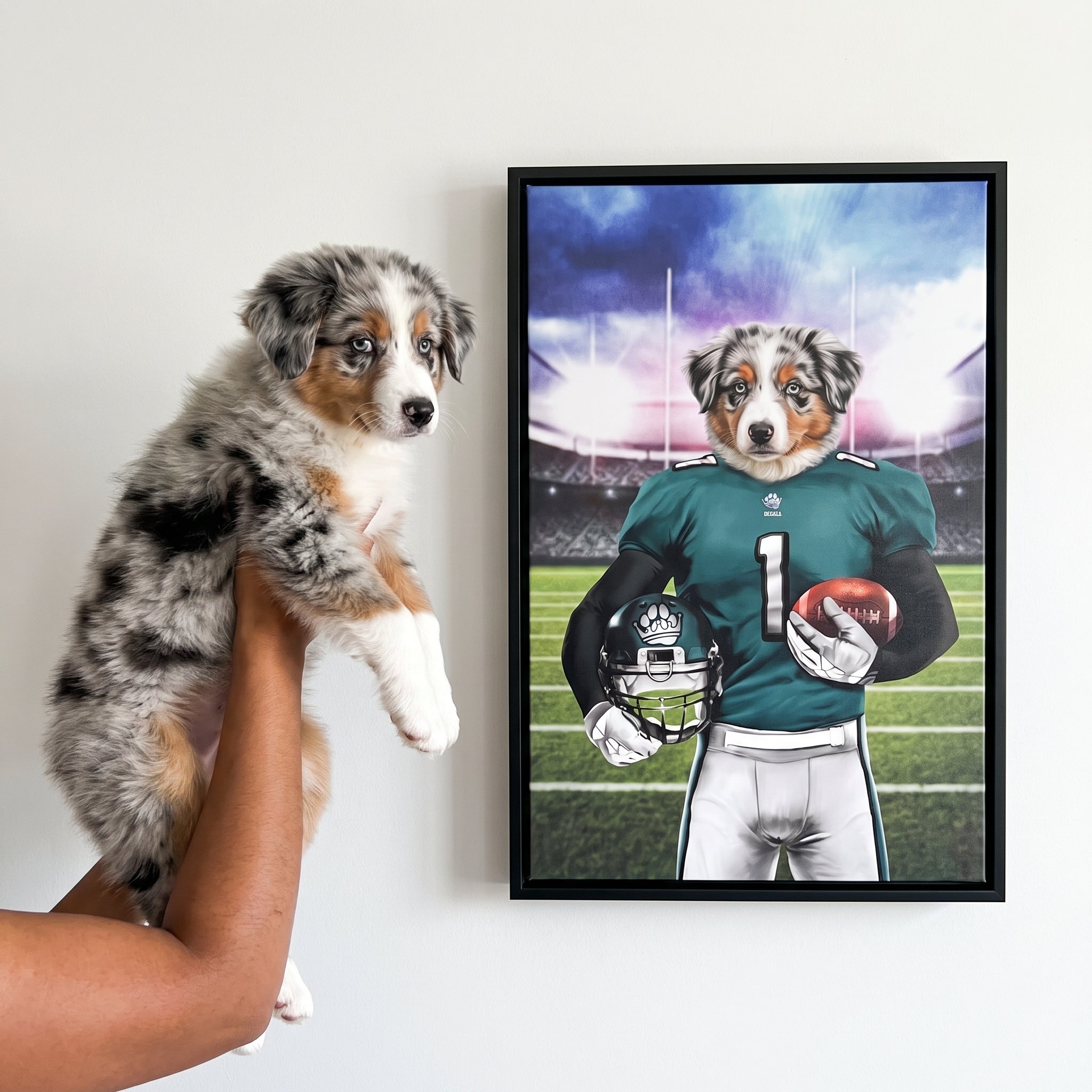 Blue merle australian shepherd next to its The Regals custom pet canvas