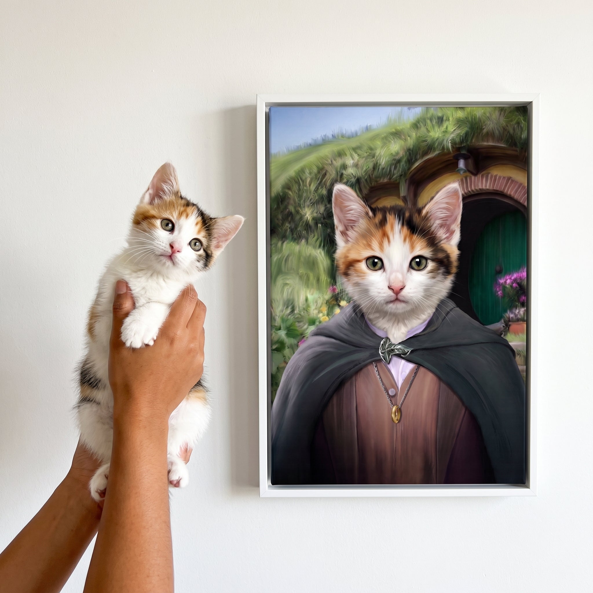Calico cat next to its The Ringbearer custom pet canvas