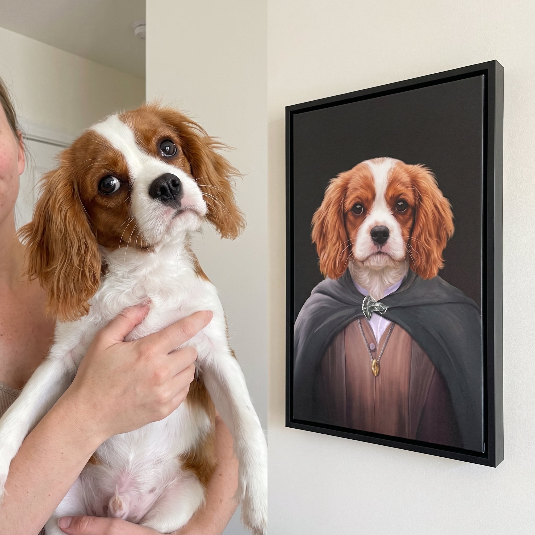 Cavalier king charles spaniel next to its The Ringbearer custom pet canvas