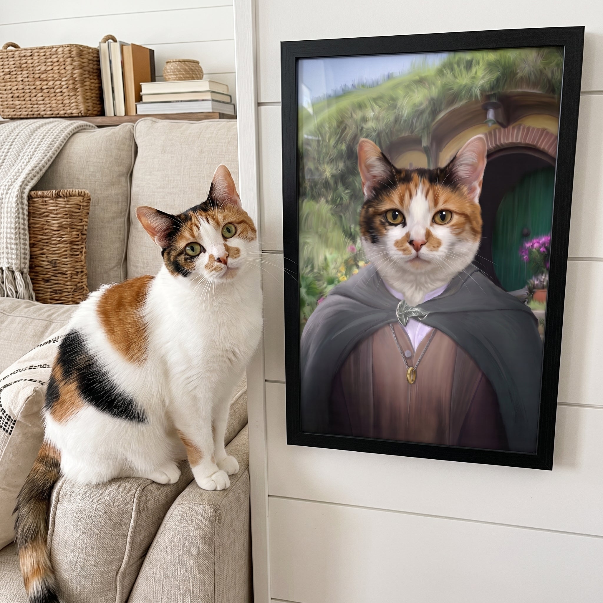 Calico cat next to its The Ringbearer custom pet poster