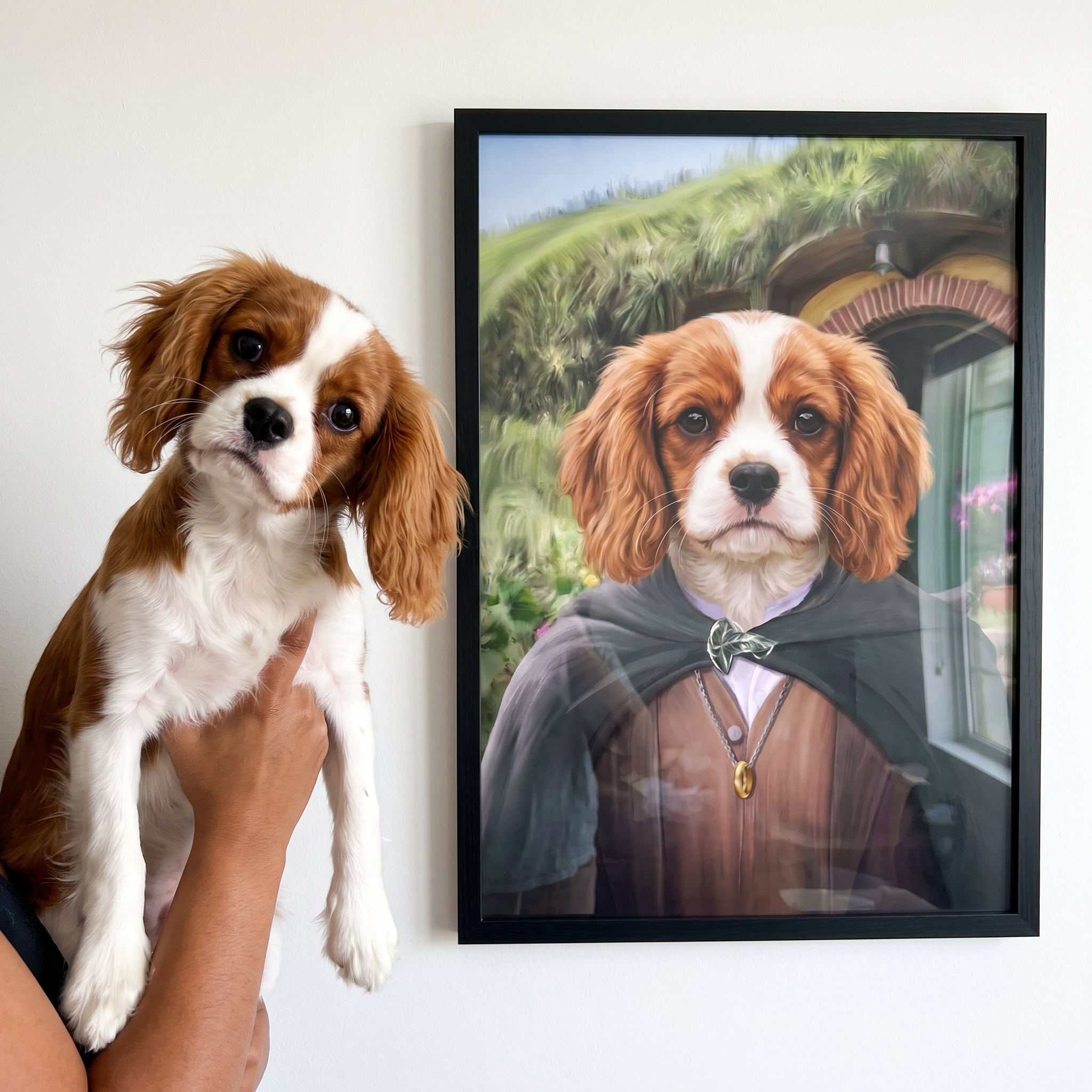 Cavalier king charles spaniel next to its The Ringbearer custom pet poster