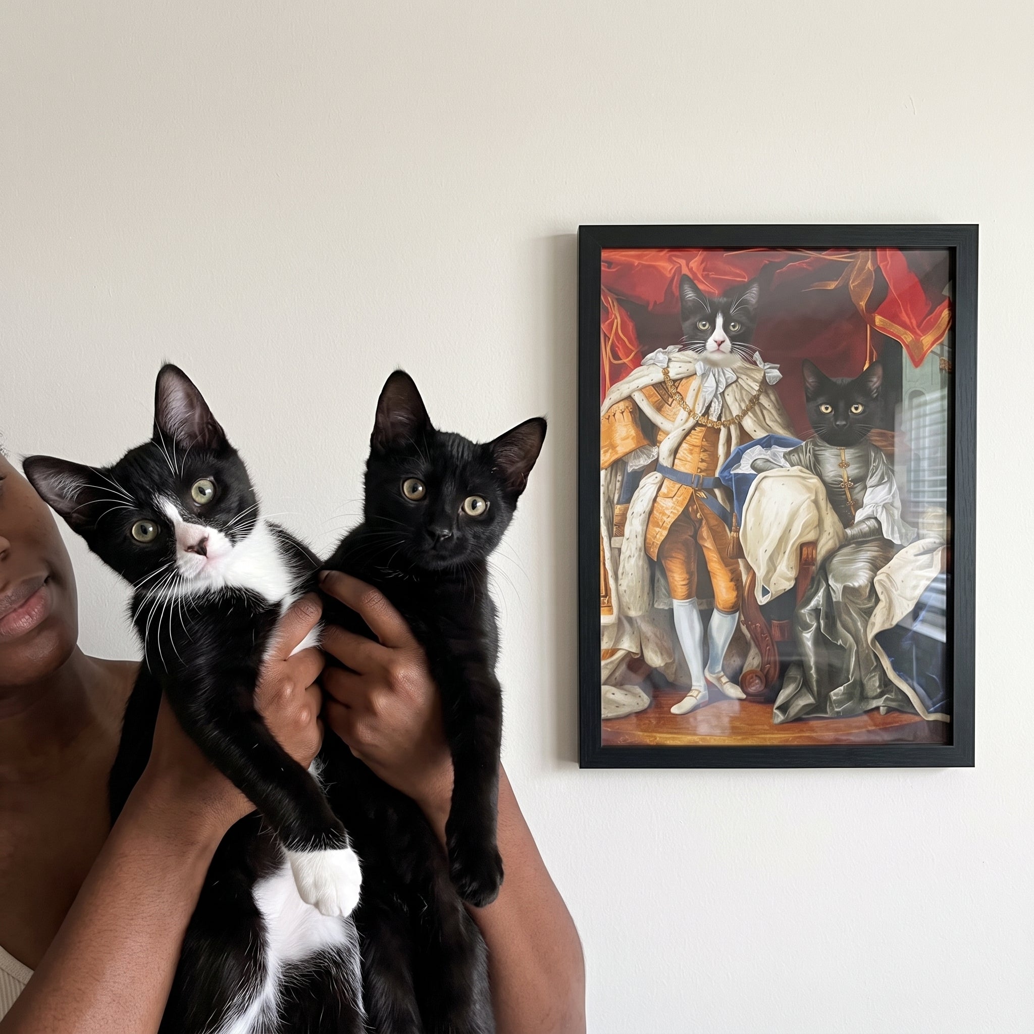 Tuxedo cat and black cat next to its The Royal Couple custom pet poster