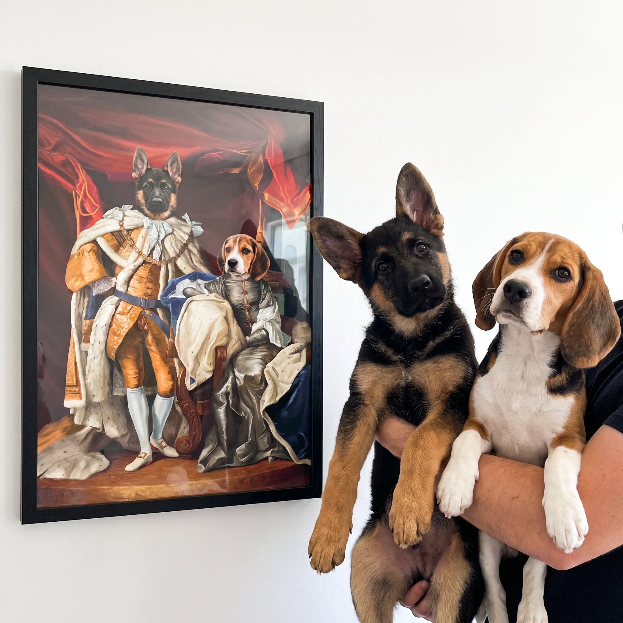 German shepherd and beagle next to its The Royal Couple custom pet poster