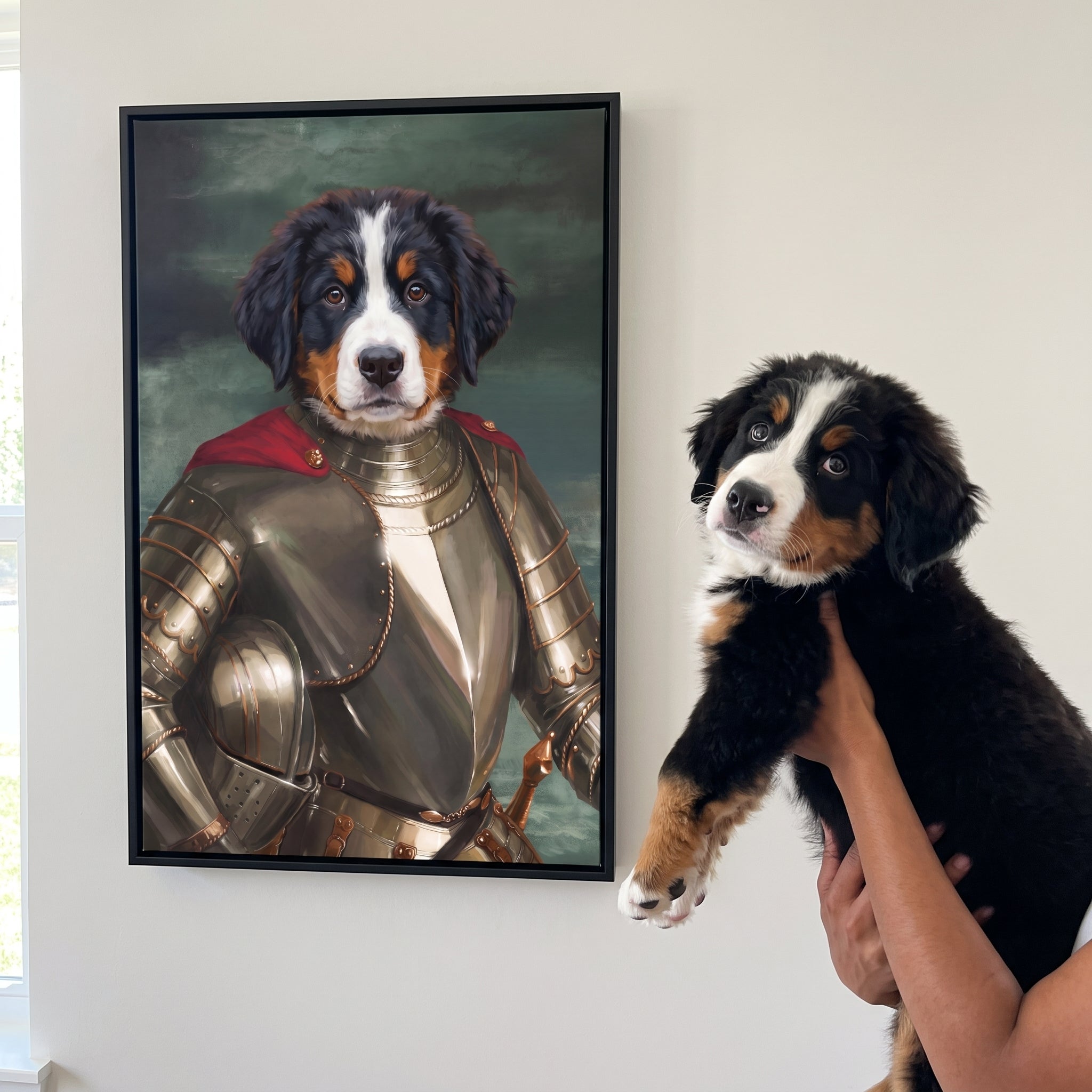Bernese mountain dog next to its The Royal Knight custom pet canvas