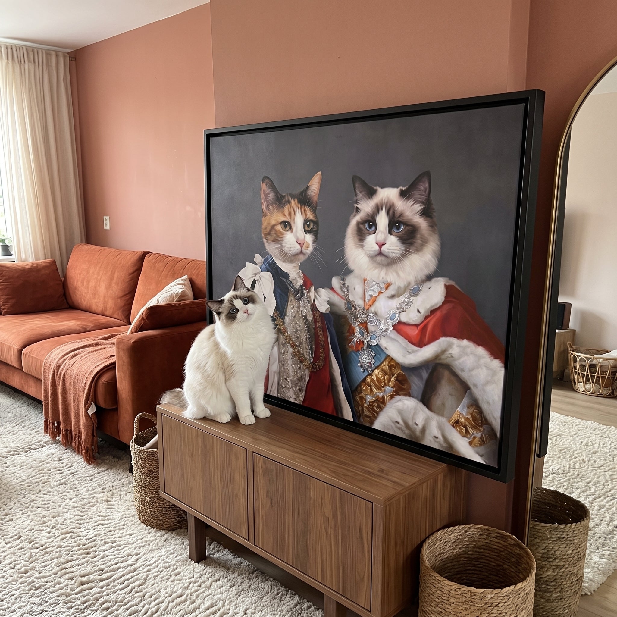 Calico cat and white ragdoll cat next to its The Rulers custom pet canvas