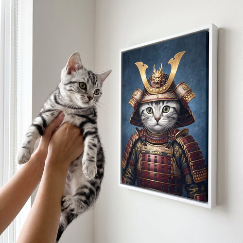 Silver tabby cat next to its The Samurai custom pet canvas