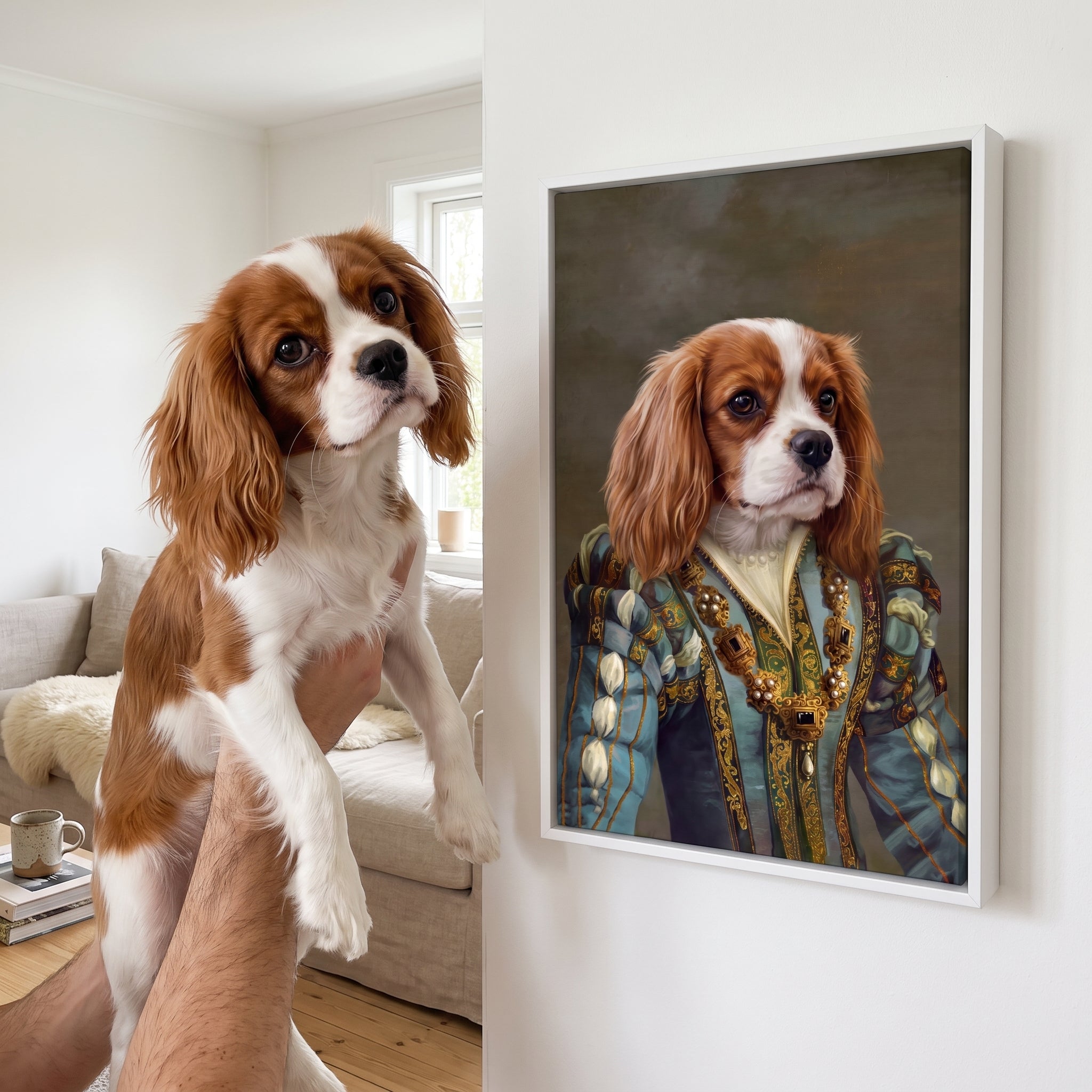 Cavalier king charles spaniel next to its The Sapphire Queen custom pet canvas