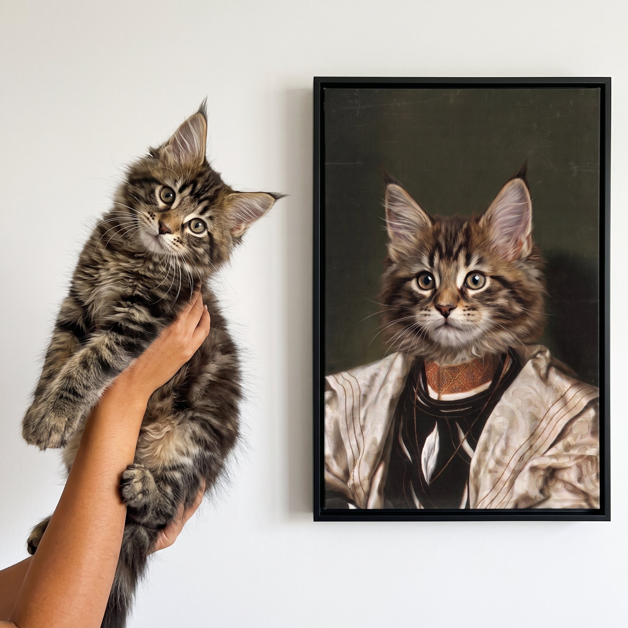 Fluffy maine coon cat next to its The Savant custom pet canvas