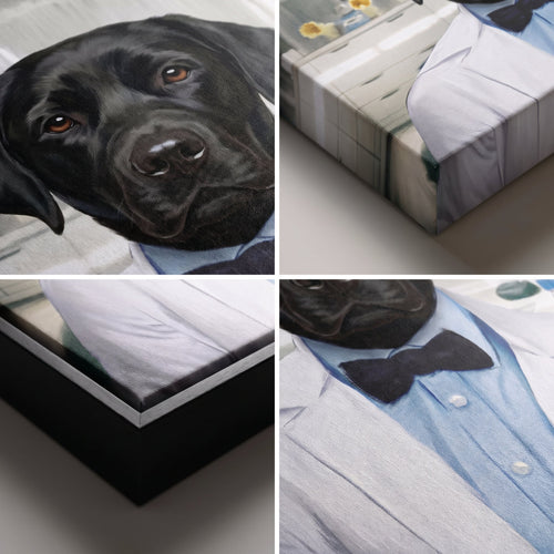Close-up details of The Scientist custom pet canvas