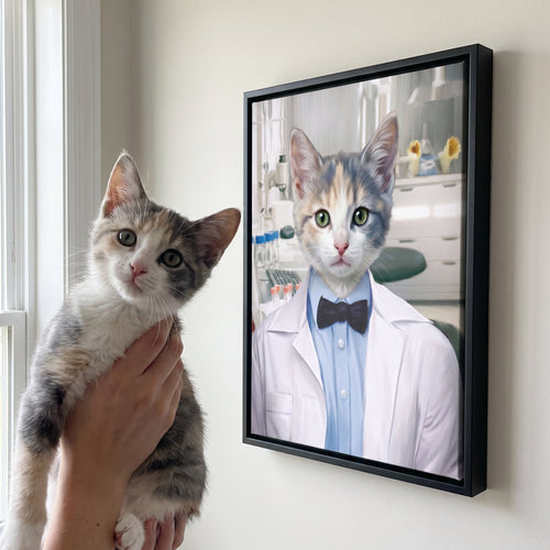 Dilute calico cat next to its The Scientist custom pet canvas