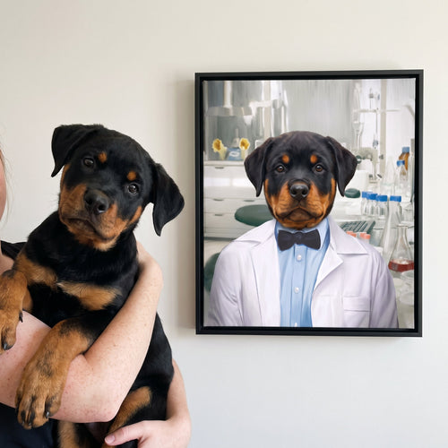 Rottweiler next to its The Scientist custom pet canvas