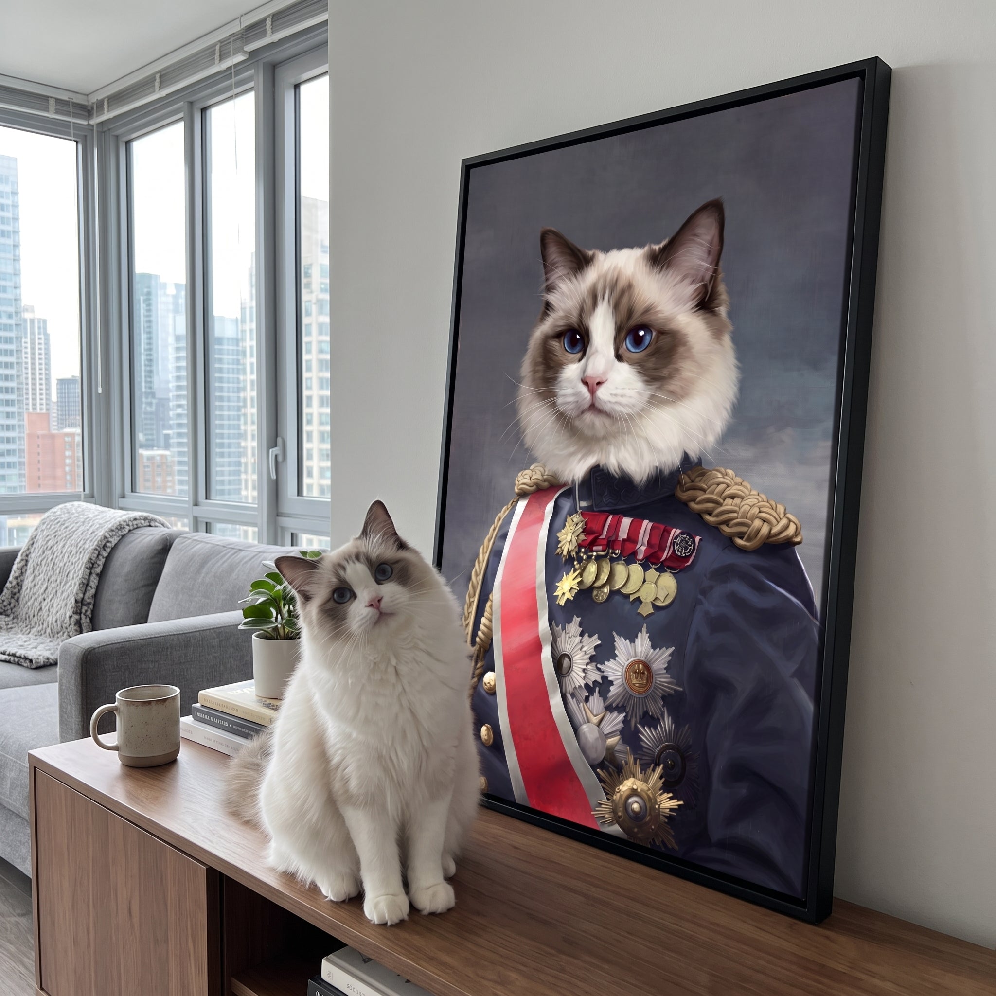 White ragdoll cat next to its The Sergeant custom pet canvas
