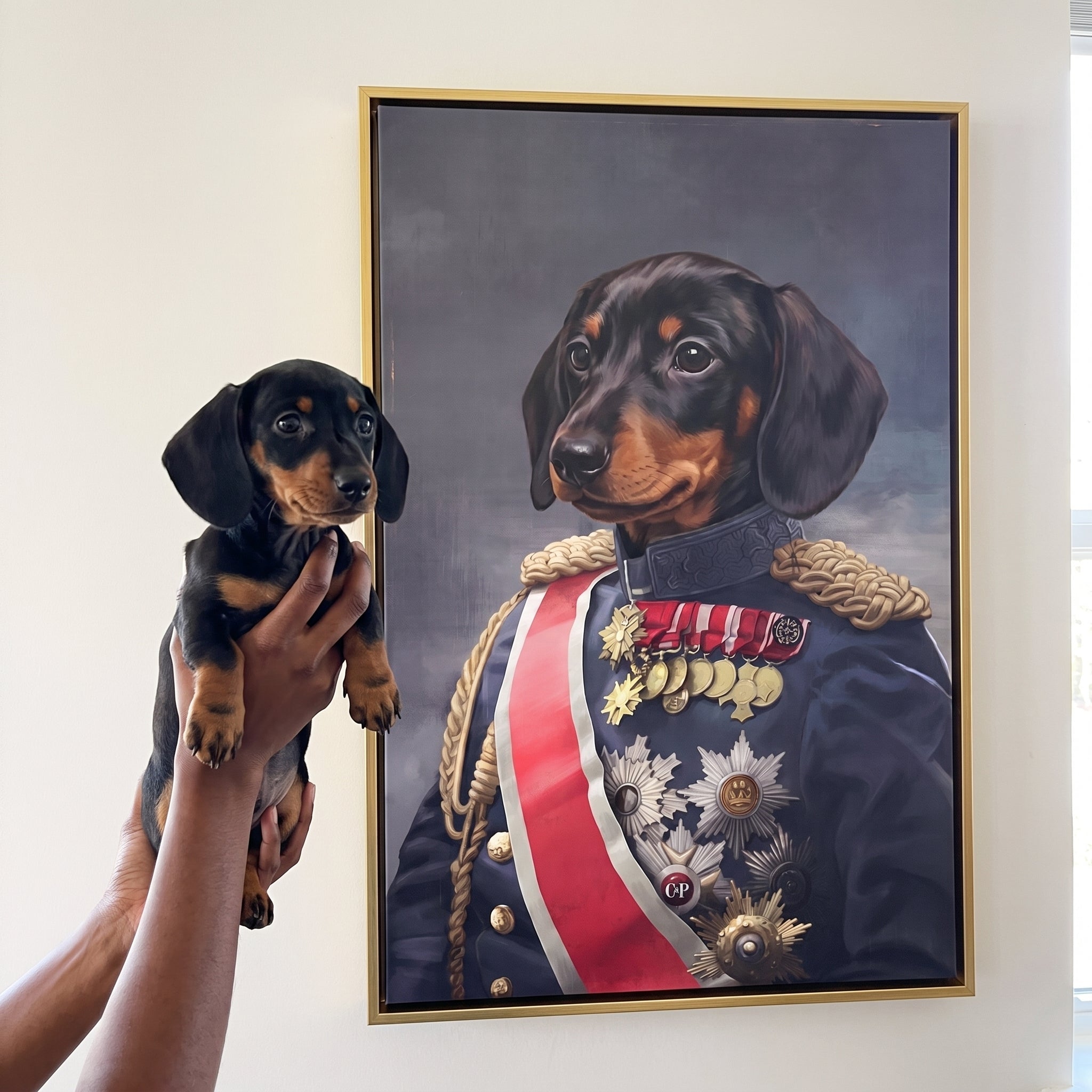 Miniature dachshund next to its The Sergeant custom pet canvas