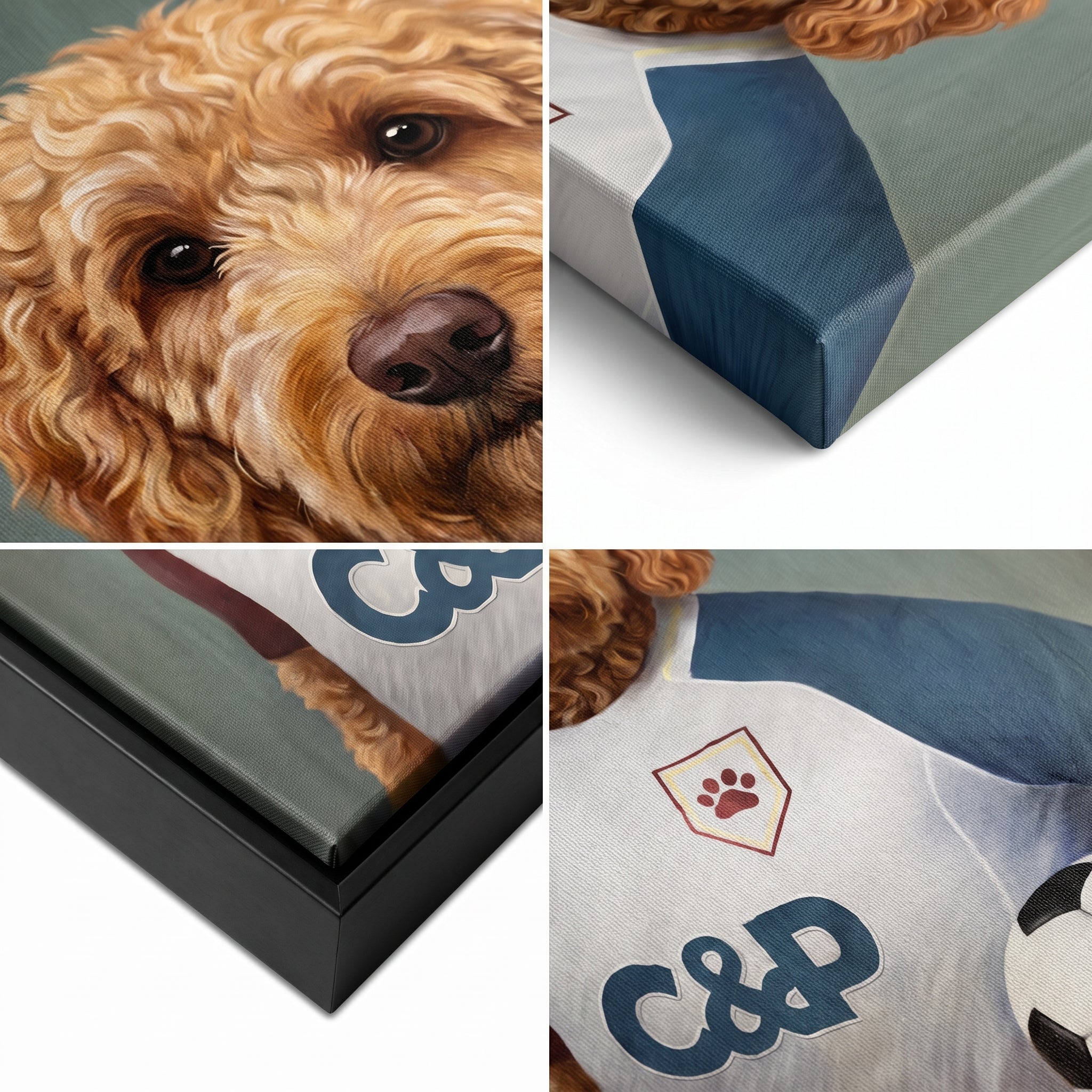 Close-up details of The Soccer Player custom pet canvas