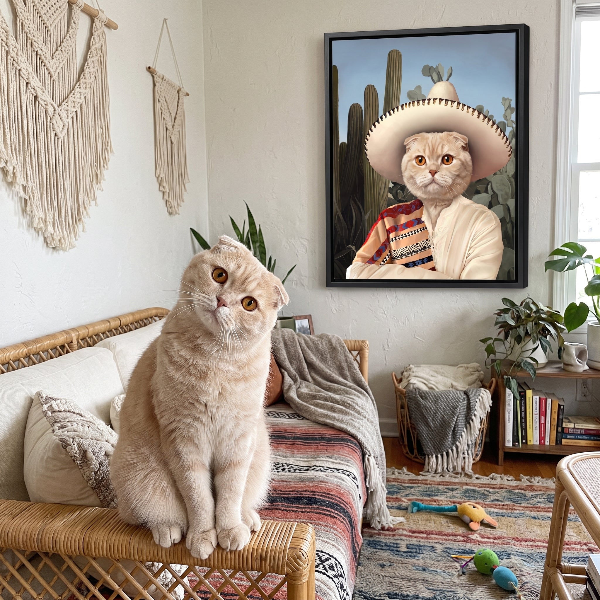 Scottish fold cat next to its The Sombrero custom pet canvas