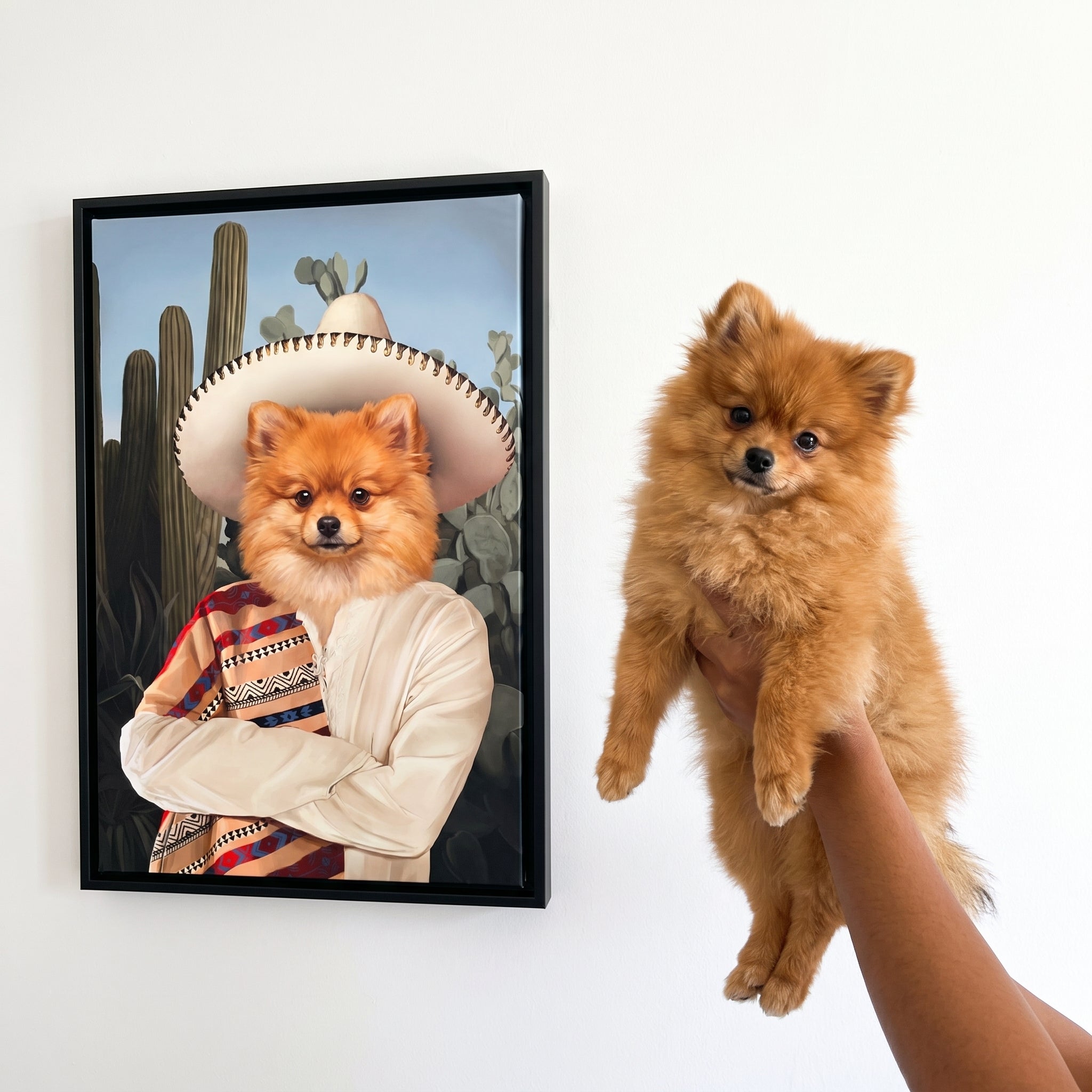 Pomeranian next to its The Sombrero custom pet canvas