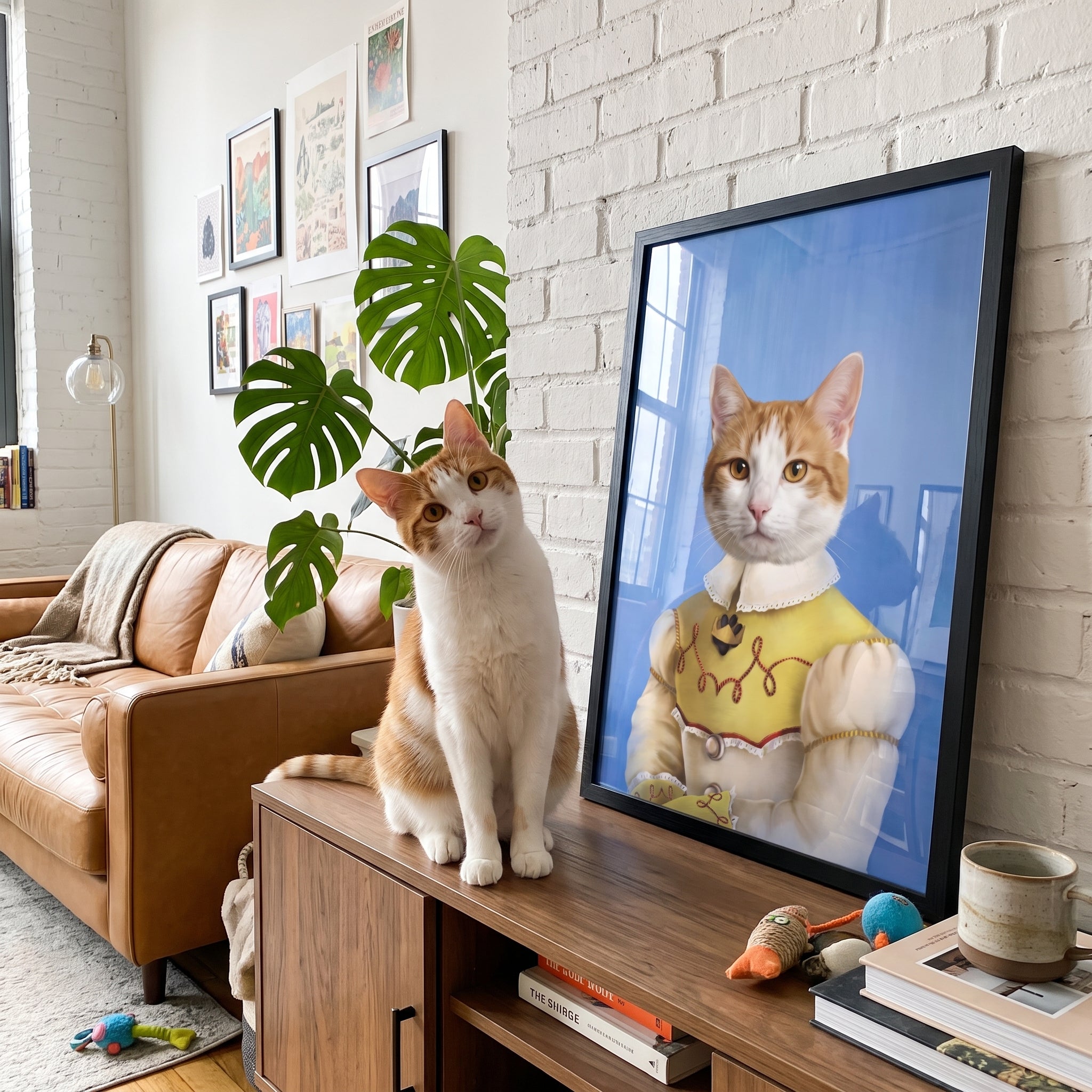 Ginger and white cat next to its The Southern Belle custom pet poster