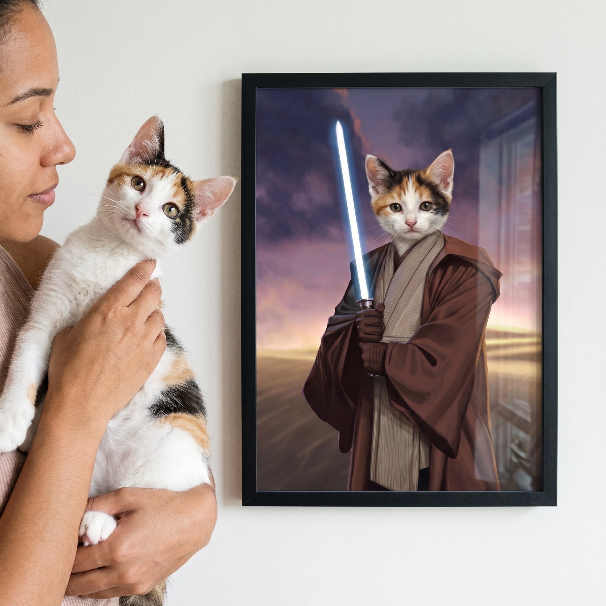 Calico cat next to its The Space General custom pet poster