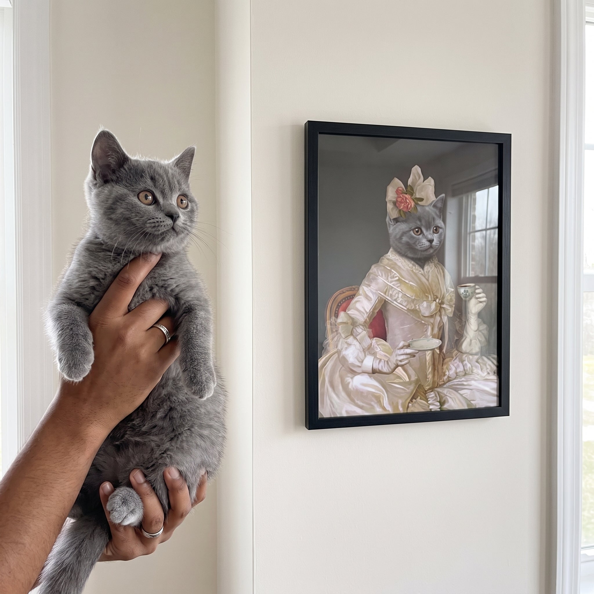 Grey british shorthair cat next to its The Sweetheart custom pet poster