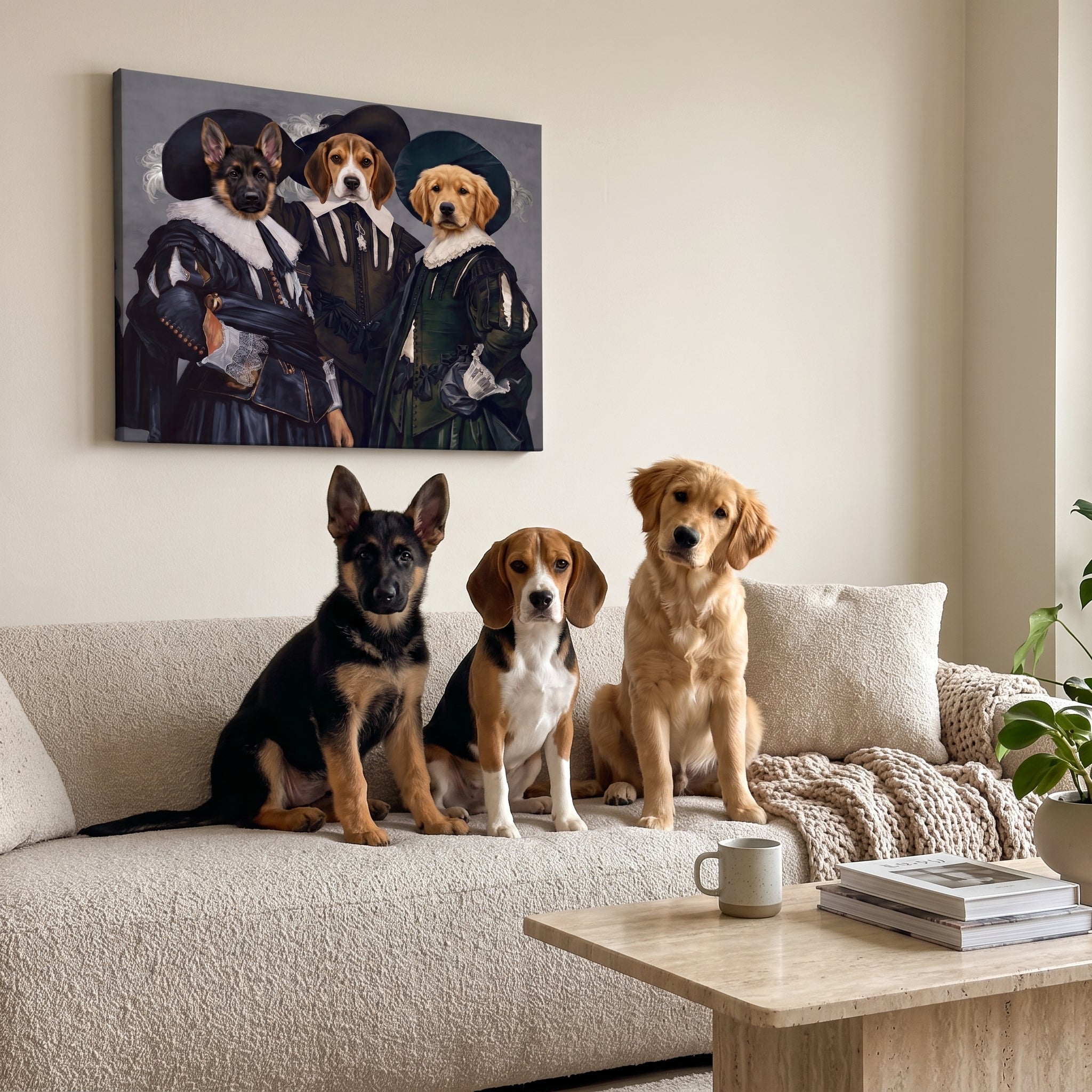 German shepherd beagle and golden  next to its The Three Musketeers custom pet canvas