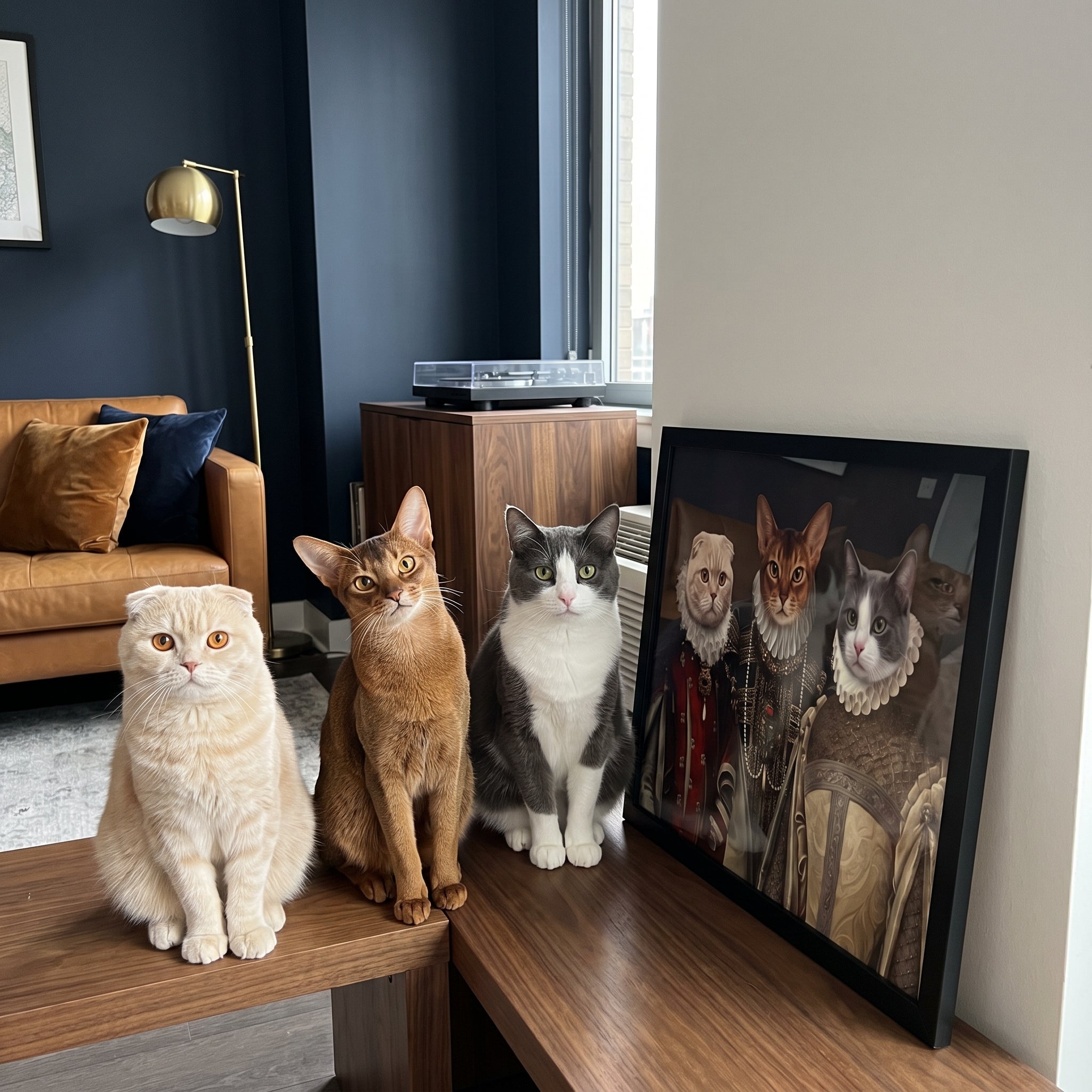 Scottish fold cat ruddy abyssinian cat next to its The Three Queens custom pet poster