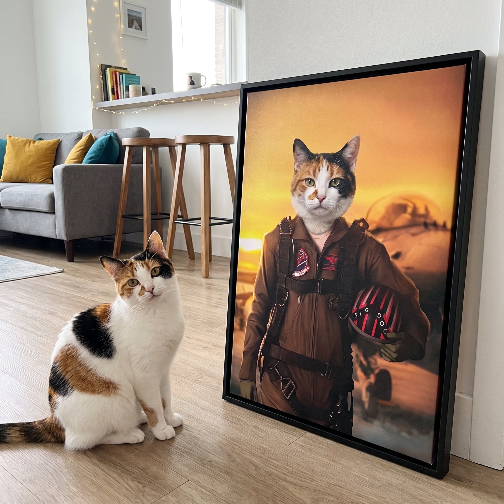 Calico cat next to its The Top Pilot custom pet canvas