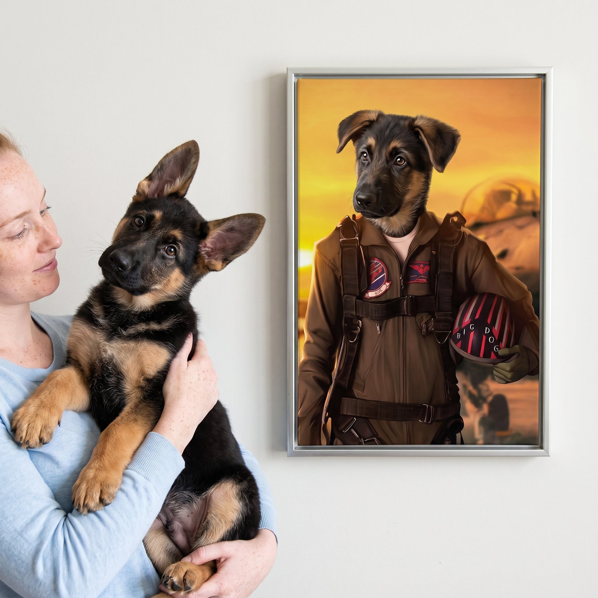 German shepherd next to its The Top Pilot custom pet canvas