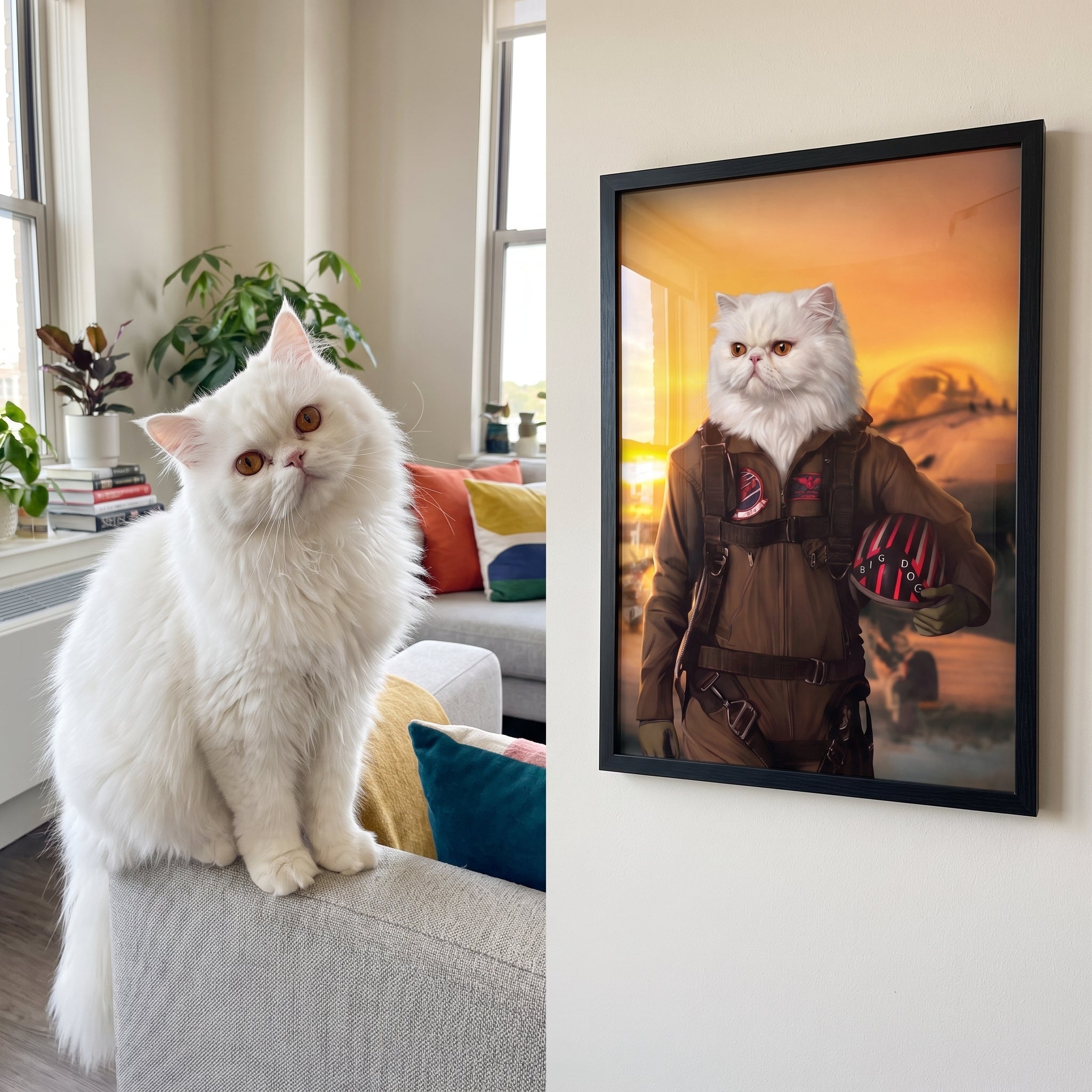 White persian cat next to its The Top Pilot custom pet poster
