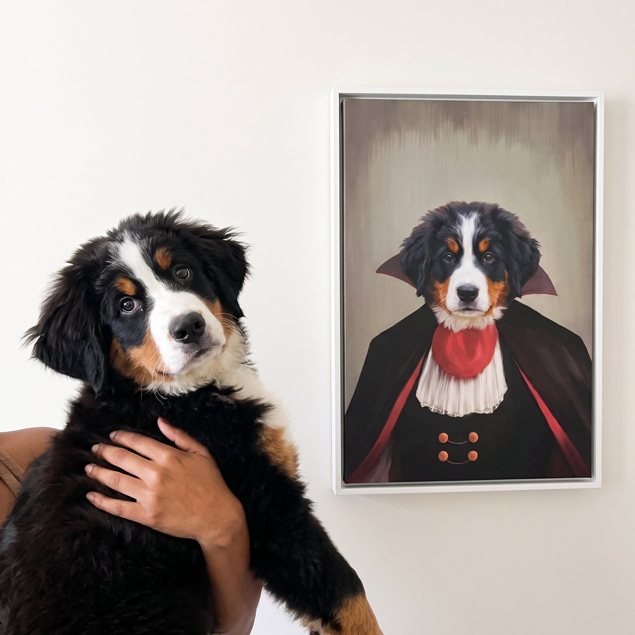 Bernese mountain dog next to its The Vampire custom pet canvas