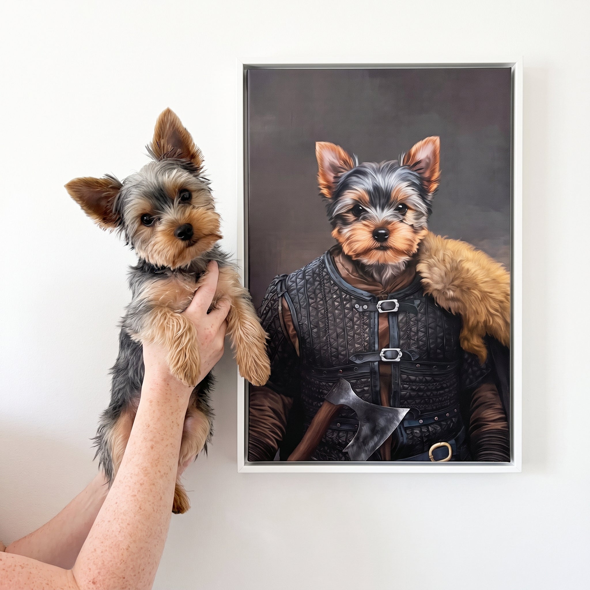 Yorkshire terrier next to its The Viking custom pet canvas