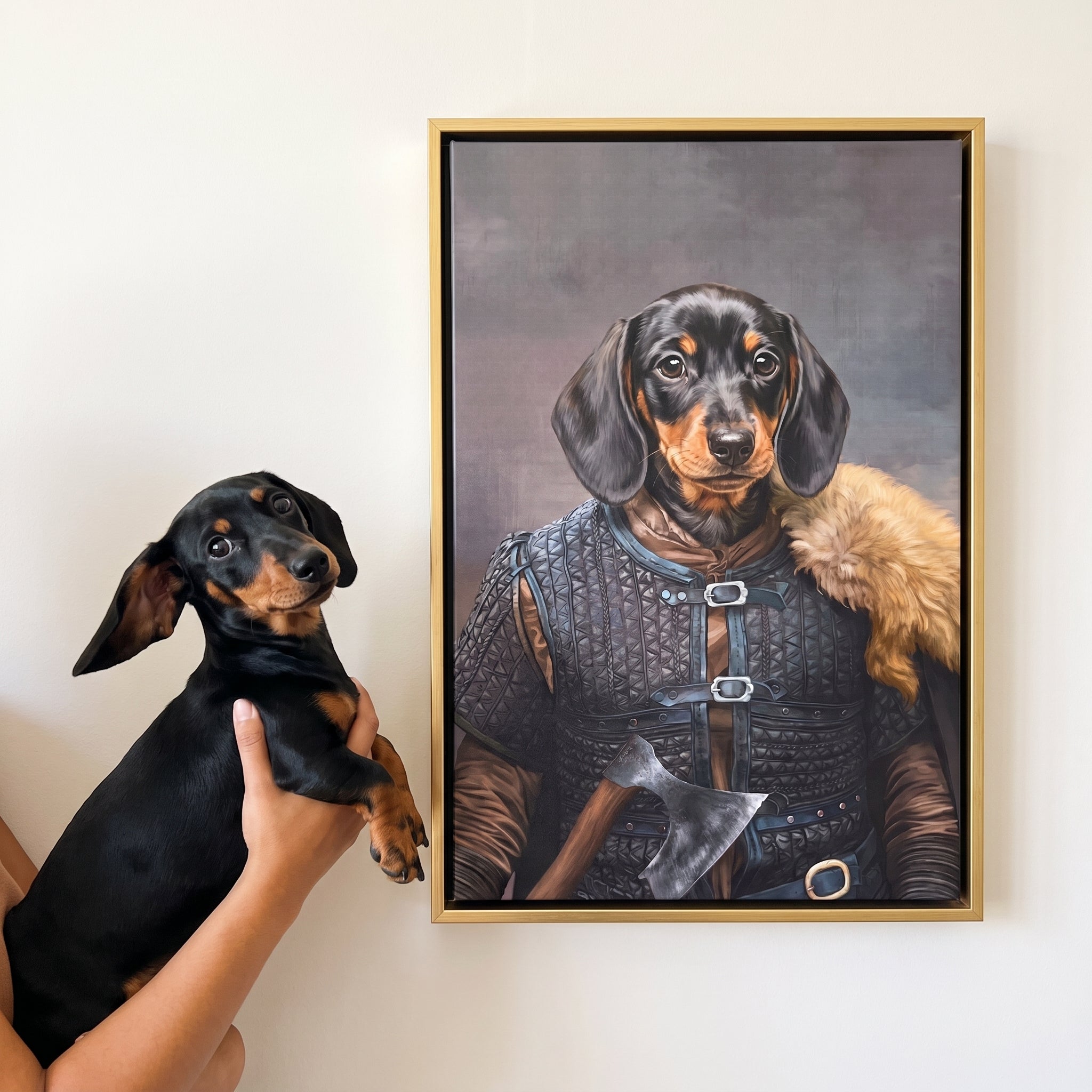 Miniature dachshund next to its The Viking Leader custom pet canvas