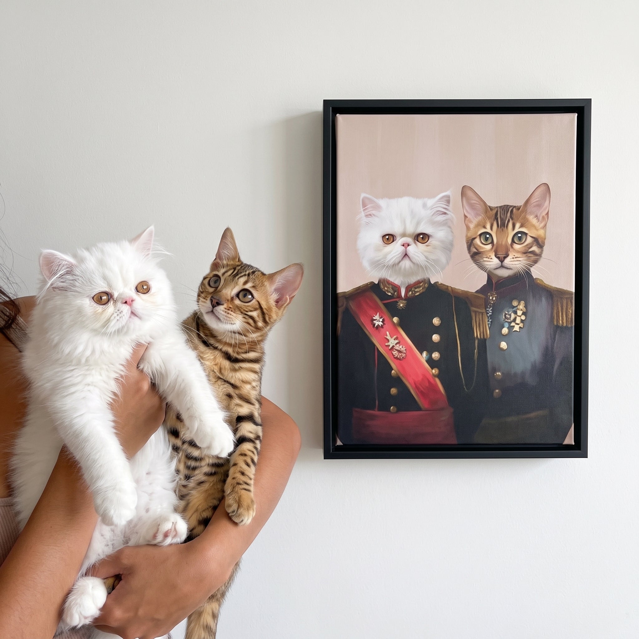 White persian cat and bengal cat next to its The War Heroes custom pet canvas