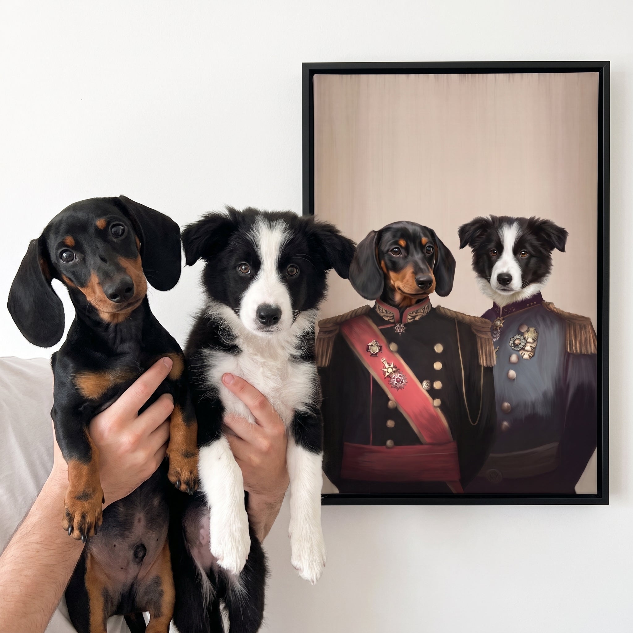 Miniature dachshund and border collie next to its The War Heroes custom pet canvas