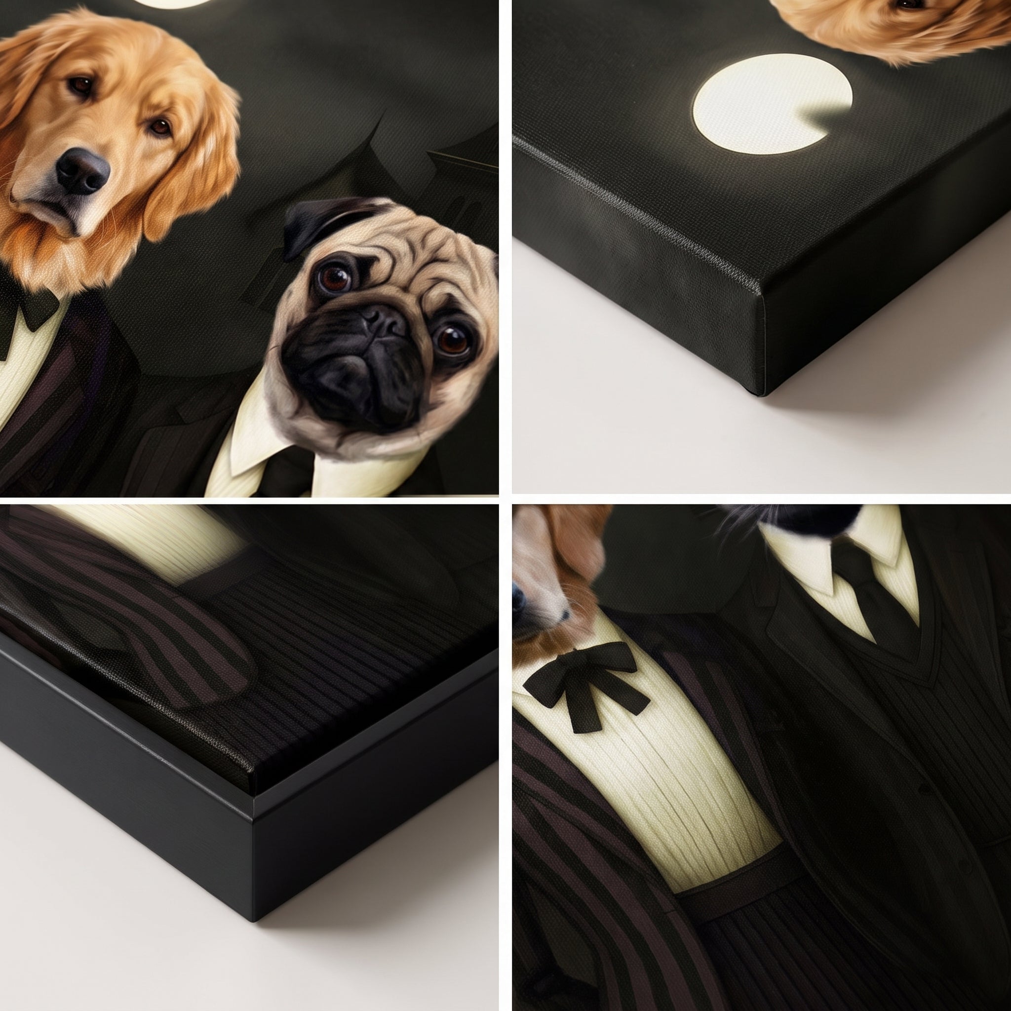 Close-up details of The Werewolf & Wednesday custom pet canvas