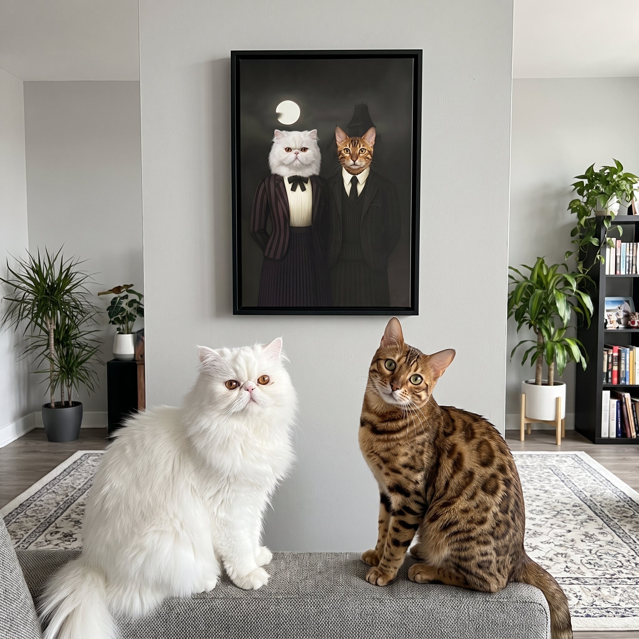 White persian cat and bengal cat next to its The Werewolf & Wednesday custom pet canvas