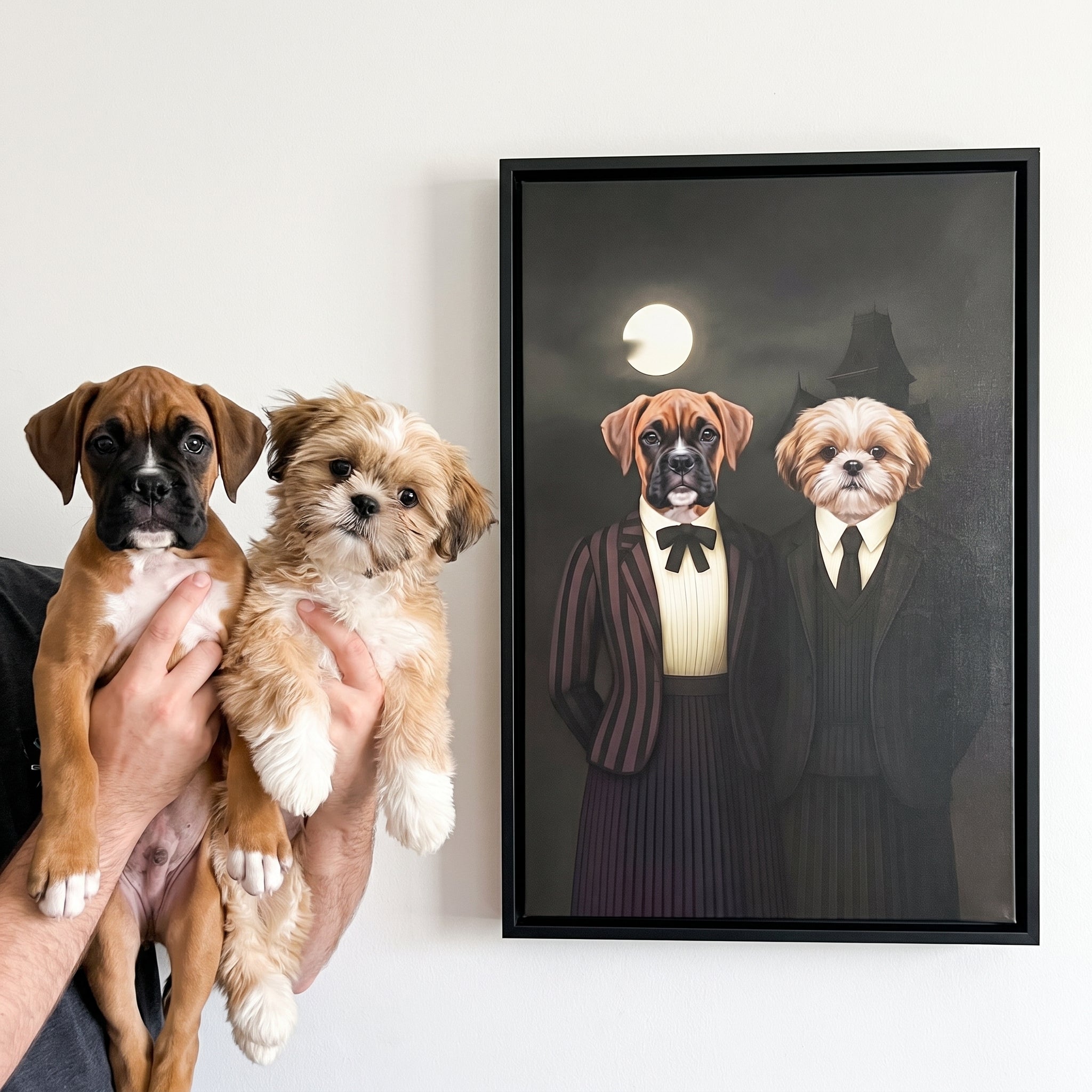 Boxer and shih tzu next to its The Werewolf & Wednesday custom pet canvas