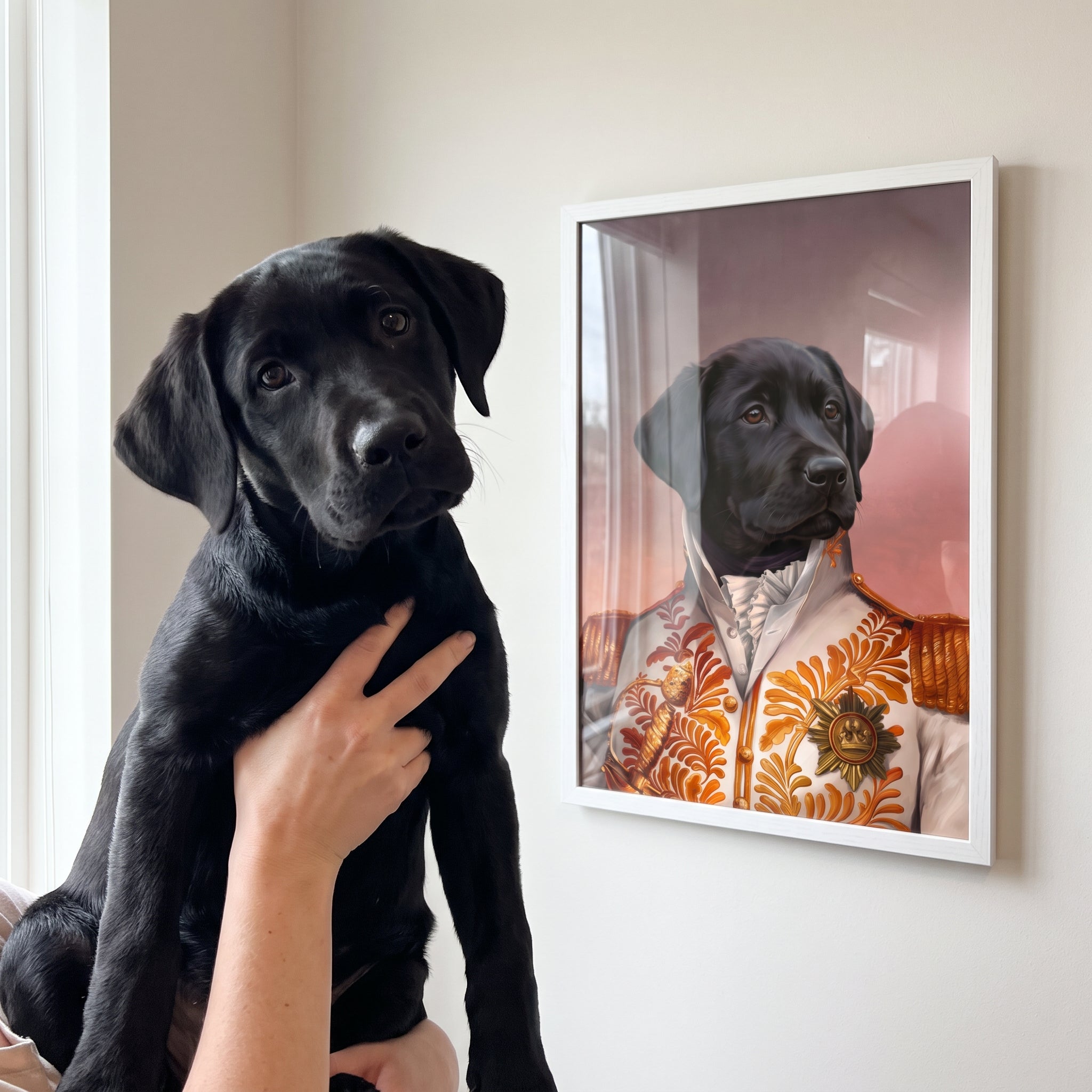 Black labrador next to its The White General custom pet poster