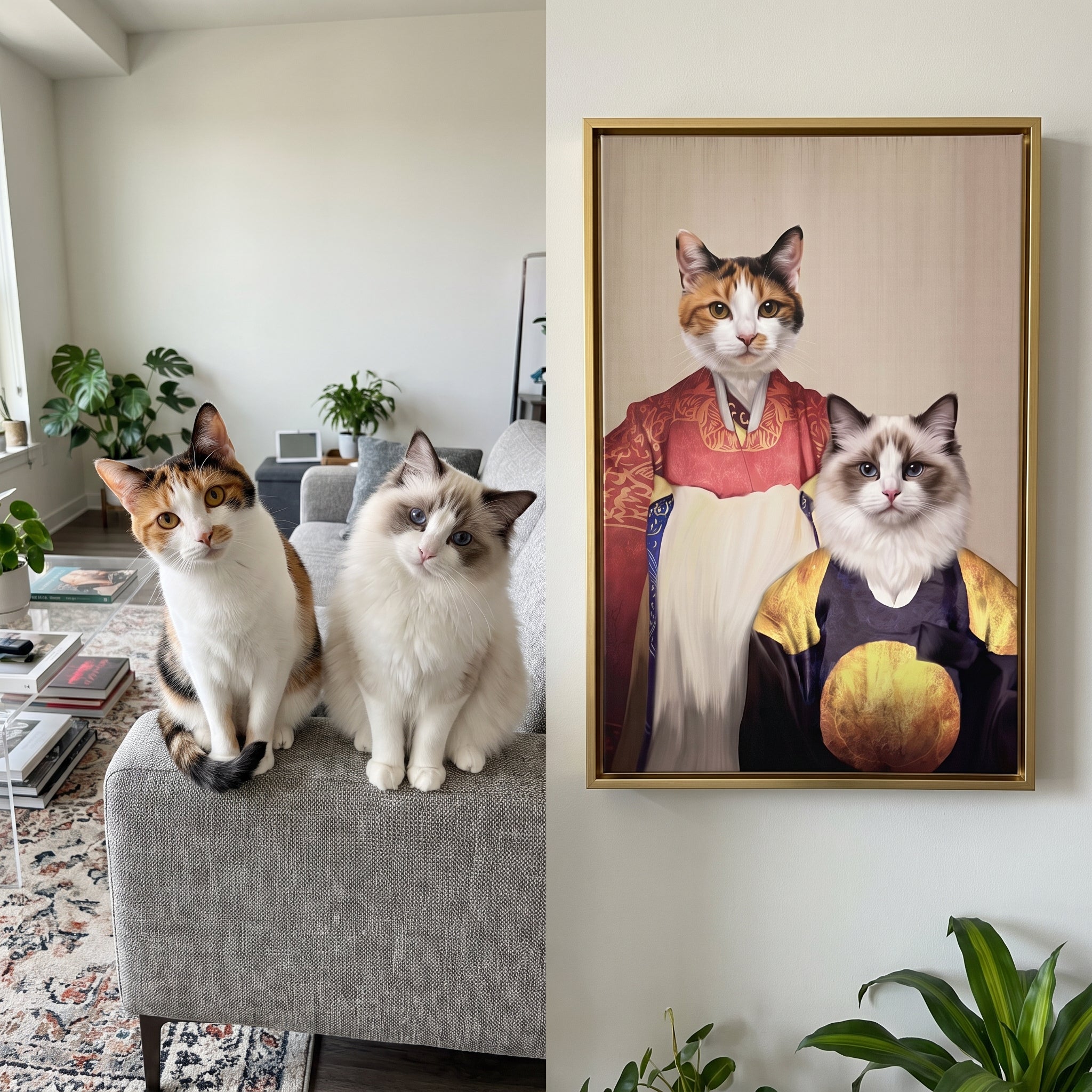 Calico cat and white ragdoll cat next to its The Wise Pair custom pet canvas