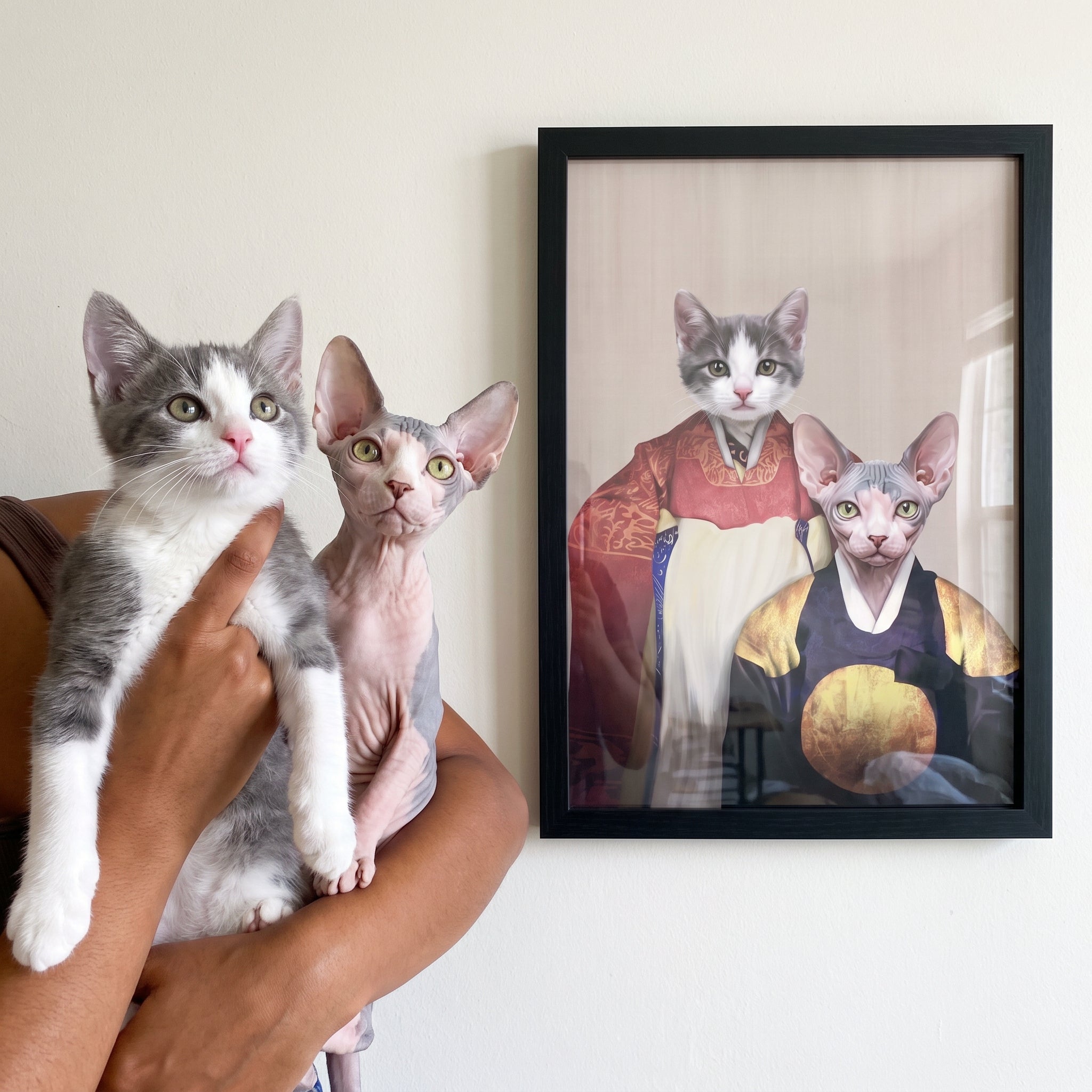 Grey and white cat and sphynx cat next to its The Wise Pair custom pet poster