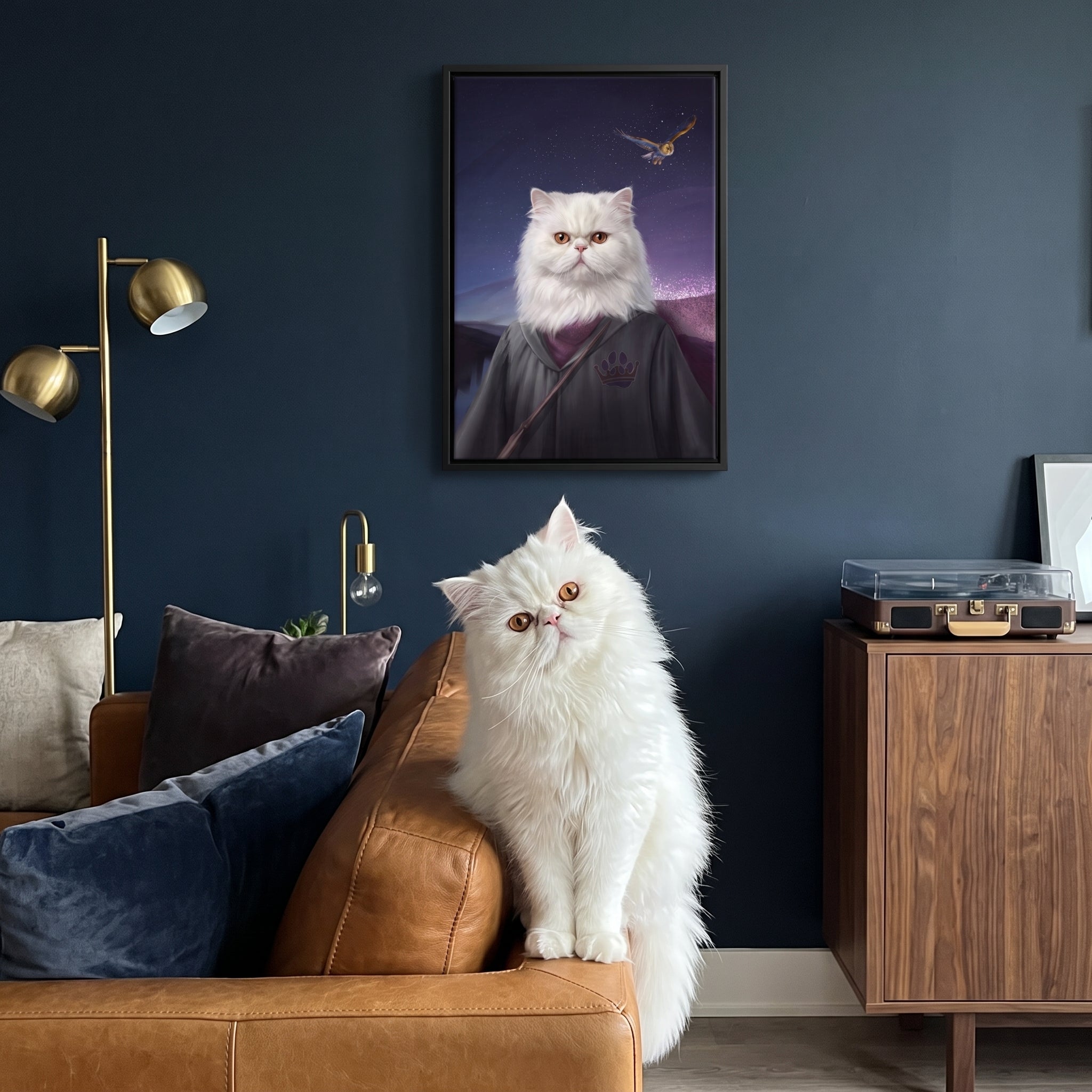 White persian cat next to its The Wizard custom pet canvas