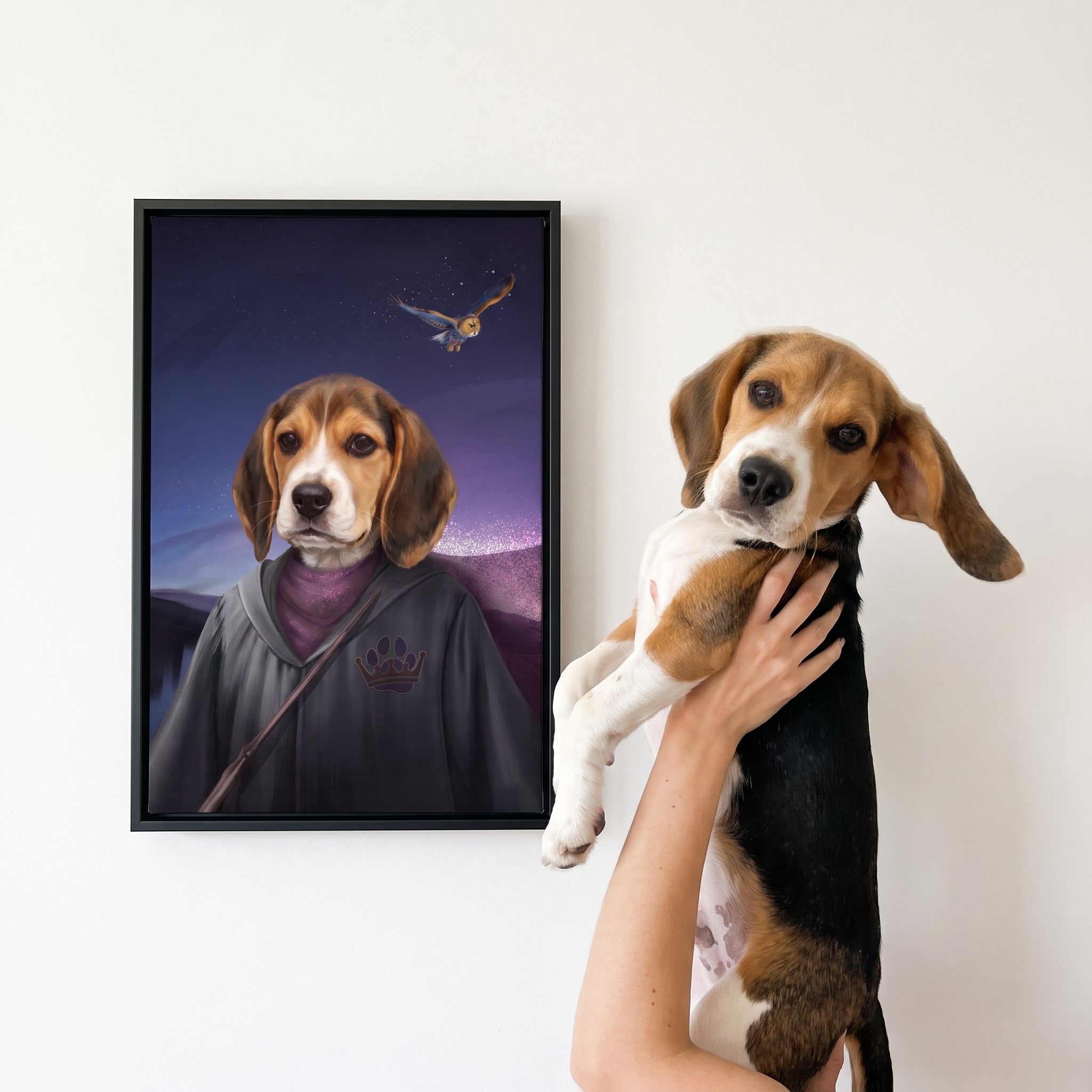 Beagle next to its The Wizard custom pet canvas