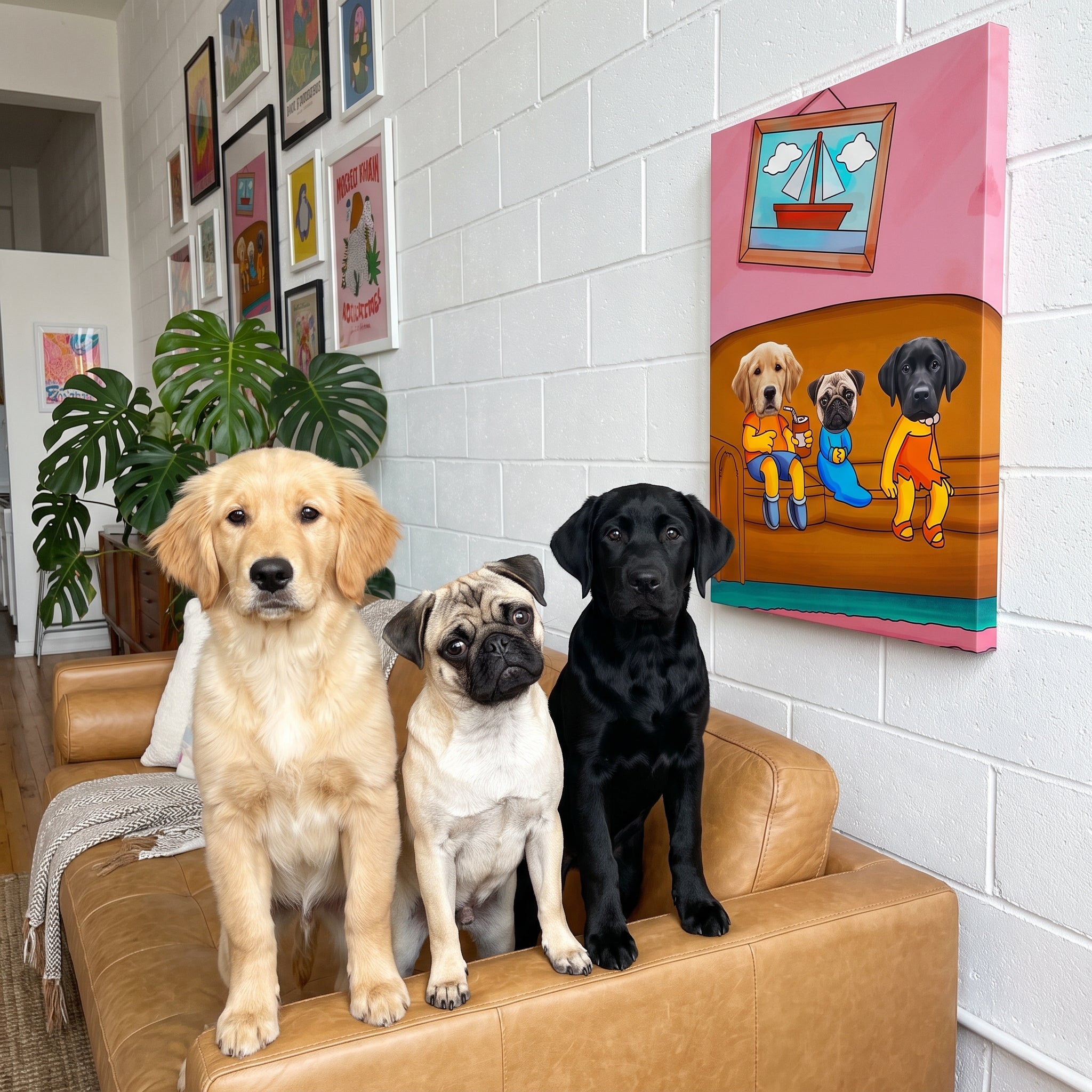 Golden retriever pug and black labrado next to its The Yellow Three custom pet canvas