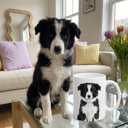 Border collie with the Custom Watercolor Pet Portrait Mug - One Pet: funny side-by-side