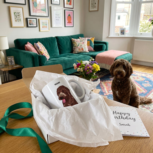 Chocolate labradoodle with the Custom Watercolor Pet Portrait Mug - One Pet: gift