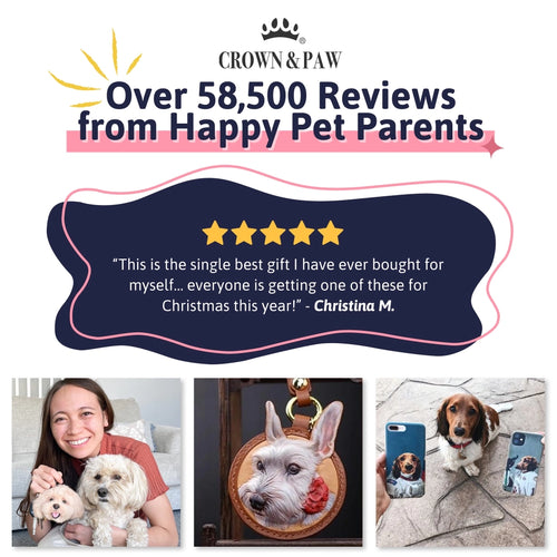 Over 58,500 reviews from happy pet parents: a five-star review of a Crown & Paw custom pet gift
