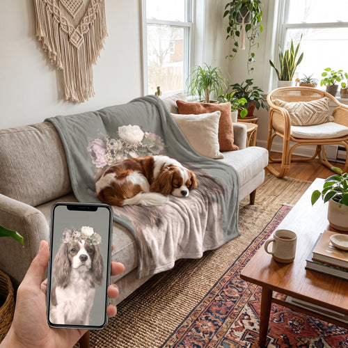 Cavalier King Charles spaniel with the Full Bloom custom pet blanket: pet + phone + blanket