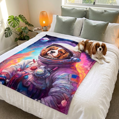 Cavalier King Charles spaniel with the Galactic Pet custom pet blanket: on the bed
