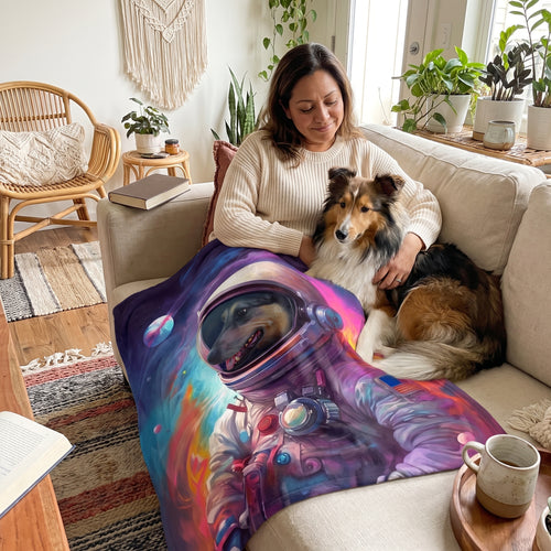 Cavalier King Charles spaniel with the Galactic Pet custom pet blanket: owner + pet on sofa