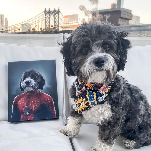 Dog sitting next to personalized portrait as Spiderman with Brooklyn bridge in background