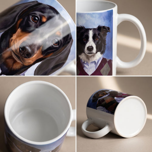 Miniature dachshund and border collie with the Step Brothers custom mug: close-up of gloss and wrap